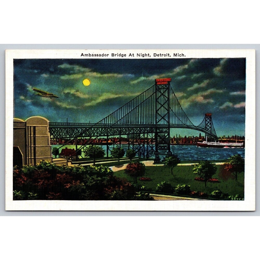 Vtg 1930s Linen Postcard Ambassador Bridge At Night Detroit MI 38754 Unposted